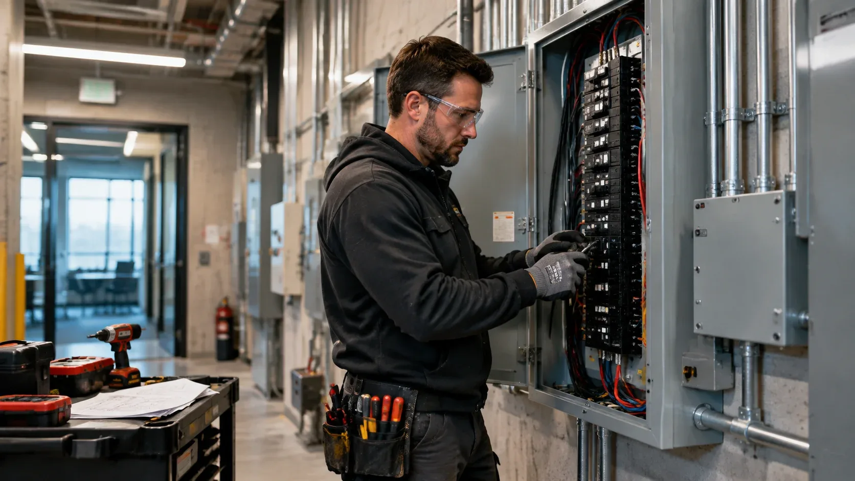 Commercial electrician working in a Waterloo business building