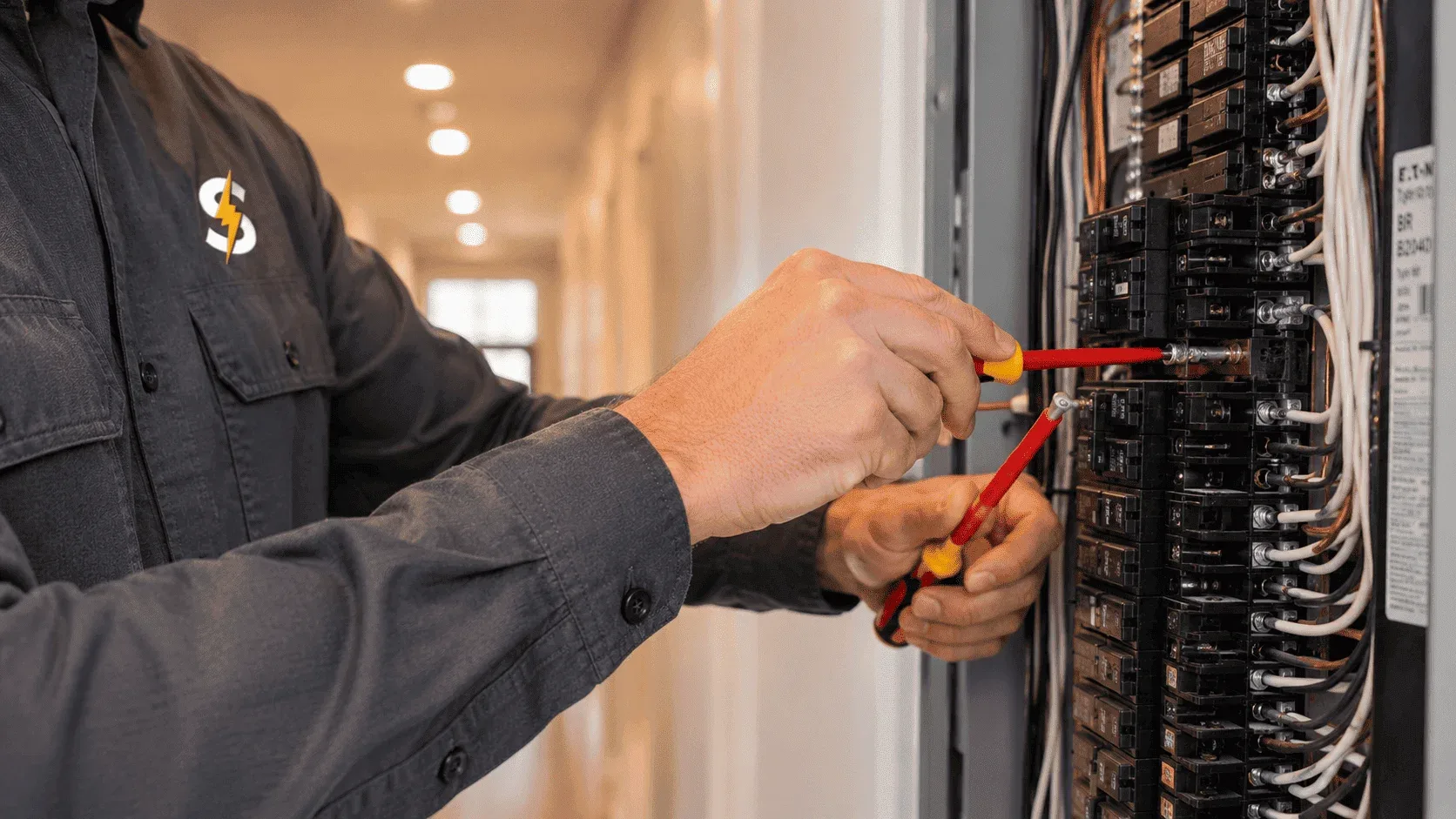 Electrician upgrading an electrical panel in a Waterloo home