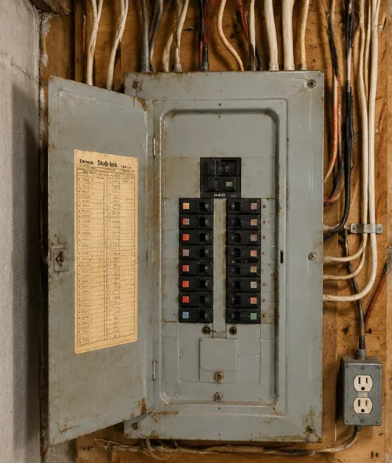 Old electrical panel before upgrade in Waterloo home